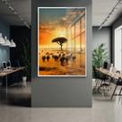 Quadro Decorativo com Moldura e Acrilico Cristal Vidro Paisagem Africana Savana Por do Sol Sala Quarto Hall