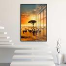 Quadro Decorativo com Moldura e Acrilico Cristal Vidro Paisagem Africana Savana Por do Sol Sala Quarto Hall