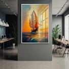 Quadro Decorativo com Moldura e Acrilico Cristal Vidro Pintura Barco Por do Sol Vertical Sala Quarto Hall