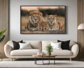 Quadro Decorativo com Moldura Familia Leao Leoa 2 Filhotes para Sala Quarto e Escritório Horizontal