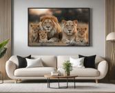 Quadro Decorativo com Moldura Familia Leao Leoa 3 Filhotes para Sala Quarto e Escritório Horizontal
