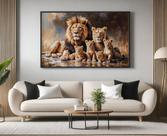 Quadro Decorativo com Moldura Familia Leao Leoa 4 Filhotes para Sala Quarto e Escritório Horizontal