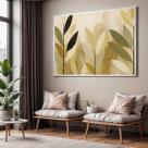 Quadro Decorativo com Moldura Folhas Verde Bege para Sala Quarto e Escritório Horizontal