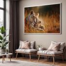 Quadro Decorativo com Moldura Leoa e Filhote Savana para Sala de Estar, Quarto e Escritório, Hall Horizontal