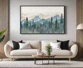 Quadro Decorativo com Moldura Montanhas Aquarela para Sala de Estar, Quarto e Escritório, Hall Horizontal