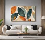 Quadro Decorativo com Moldura Verde Laranja Folhagem para Sala Quarto e Escritório Horizontal