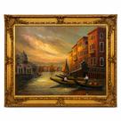 Quadro Decorativo com Paisagem de Veneza Pintada à Mão com Moldura Entalhada Dourada 118x148x9 cm