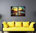 Quadro Decorativo Conjunto de 2 Quadros Floresta, Lago e Por do Sol Quadro Decorativo Conjunto de 2 Quadros Floresta, Lago e Por do Sol
