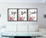 Quadro Decorativo Conjunto de 3 Quadros Flores E Frase Seja Bem Vindo