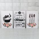 Quadro Decorativo Cozinha Panela e Talheres Branco kit 3 30x40cm Cantinho Gourmet
