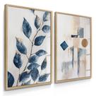 Quadro Decorativo Dupla Folhagem Abstrato Azul Decor Sala Flores Modernas com Vidro