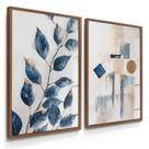 Quadro Decorativo Dupla Folhagem Abstrato Azul Decor Sala Flores Modernas com Vidro