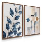 Quadro Decorativo Dupla Folhagem Abstrato Azul Sala Moderna Decoração Luxo com Moldura