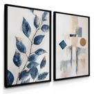 Quadro Decorativo Dupla Folhagem Abstrato Azul Sala Moderna Decoração Luxo com Moldura