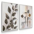 Quadro Decorativo Dupla Folhagem Abstrato Bege Sala Decoração Parede Floral com Vidro