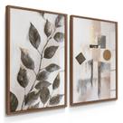 Quadro Decorativo Dupla Folhagem Abstrato Bege Sala Decoração Parede Floral com Vidro