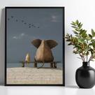 Quadro Decorativo Elefante e Cachorro - Praia 24x18cm