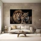 Quadro Decorativo Familia de Leões Fundo Preto Tecido Canvas