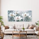 Quadro Decorativo Flor Branca Fundo Azul Kit 3 Quadros