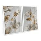 Quadro Decorativo Flores em Ouro Branco e Folhas Ouro Amarelo Kit 2 Tela C/ Moldura e Vidro - Bimper