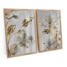 Quadro Decorativo Flores Ouro Branco Folhas Ouro Amarelo Kit 2 Telas C/ Moldura e Vidro - Bimper