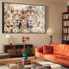 Quadro decorativo florido família de Leão com um filhote