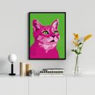 Quadro Decorativo Gato Rosa Pop Art 24x18cm - com vidro