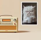 Quadro Decorativo Gato Tomando Café 45x34cm