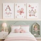 Quadro Decorativo Infantil Menina Moldura Premium Tema Lúdico Minimalista Quarto de Bebê Criança Menina Kit 3 Peças 33x24cm