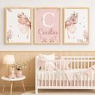 Quadro Decorativo Infantil Menina Moldura Premium Tema Lúdico Minimalista Quarto de Bebê Criança Menina Kit 3 Peças 33x24cm