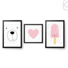 Quadro Decorativo Infantil Ursinho Escandinavo coração picolé kawaii