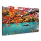 Quadro Decorativo Lago Azul Barco Natureza Outono Tela Grande Sala Quarto Hall 60x90cm Tecido Canvas Borda Infinita