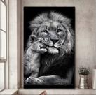 Quadro Decorativo Leão Preto Branco a Proteção Filhote 80x60