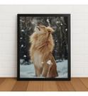 Quadro Decorativo Leão Sentado Apreciando A Neve Com Vidro Preto
