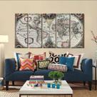 Quadro Decorativo Mapa Mundi Retro 140x65 em tecido