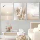 Quadro Decorativo Mar Pássaros Tons Neutros Bege 120x60 Sala Quarto Hall