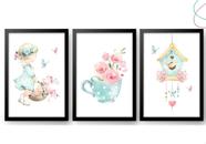 Quadro Decorativo Menina Infantil Aquarela Flores Passarinho Quadro Decorativo Menina Infantil Aquarela Flores Passarinho