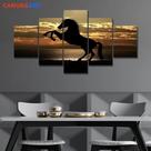 Quadro Decorativo Mosaico 5 Peças Cavalo Ao Pôr Do Sol.