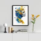 Quadro Decorativo Mulher Borboletas Azul E Amarelo 45x34cm - com vidro