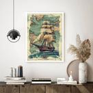 Quadro Decorativo Navio Mapa Vintage - 70x50cm