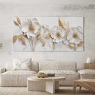 Quadro Decorativo para Sala Quarto Hall Floral Branca e Dourada Floral Horizontal Grande Decoração Parede Tela