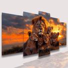 Quadro Decorativo Pôr Do Sol Leão Leoa 4 Filhotes Família Colorido Colorido