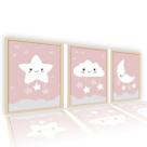 Quadro Decorativo Quarto Bebê Nuvem Lua Estrelinha Rosa Menina Kit 3 pçs