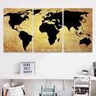 Quadro Decorativo Sala 120x60 Mapa Mundi Dourado e Preto Kit