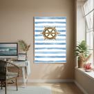 Quadro Decorativo Timão Navio Fundo Listrado-70x50cm Cor:Moldura Branca