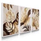 Quadro Decorativo Trio Botânico Ouro Floral Sala Luxo Moderna Kit 70x50 com Moldura