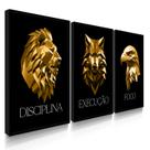 Quadro Decorativo Trio Disciplina Leão Lobo Águia Dourado Arte Moderna Casa 70x50 com Moldura
