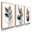 Quadro Decorativo Trio Flor Ink Azul Flores Abstrato Decoração Sala Grande Kit 70x50 com Moldura