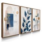 Quadro Decorativo Trio Folhagem Abstrato Azul Decoração para Sala 70x50 com Moldura