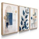 Quadro Decorativo Trio Folhagem Abstrato Azul Sala Escritório Elegante Flores com Vidro